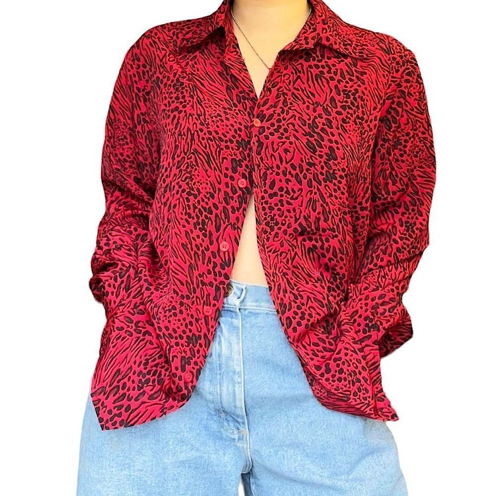 Fabulous Vintage Karen Scott Red and Black Animal Print Button-Up Shirt